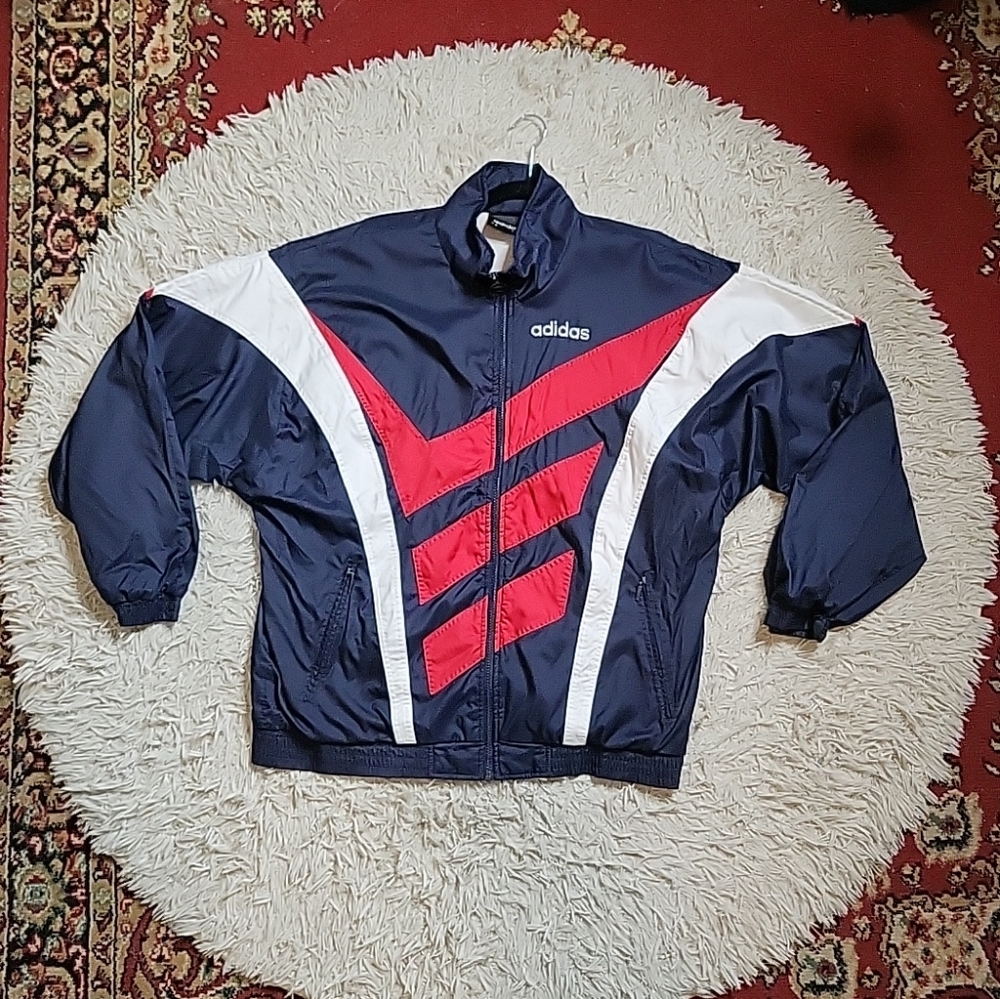 Vintage Adidas Windbreaker Jacket Full Zip Navy Blue Red White Sporty Athleisure